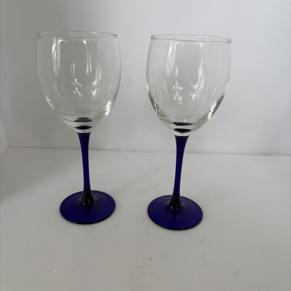 Vintage LUMINARC Wine Glass BLUE Stem Base  8" Lot of 2